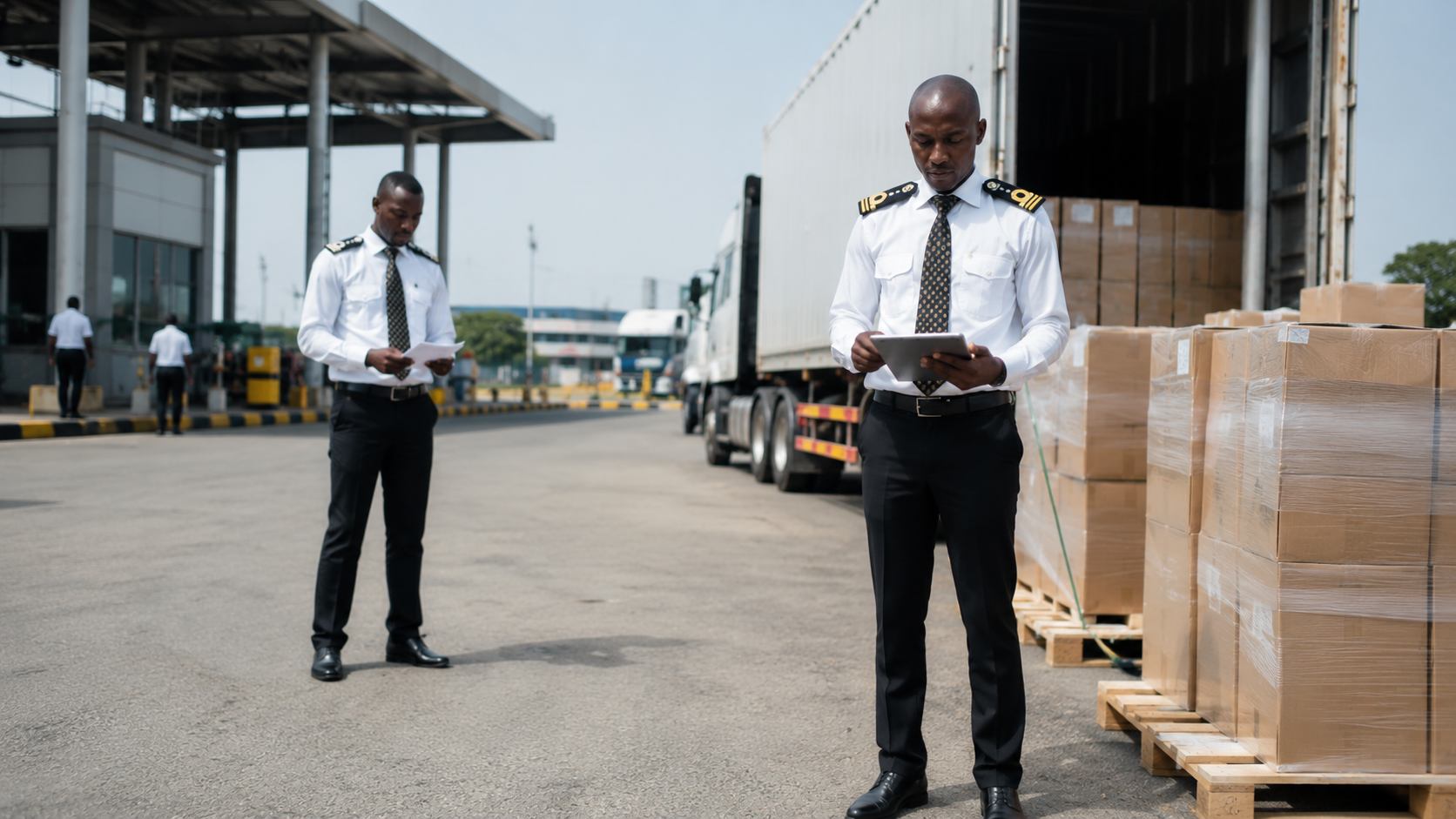 Customs officers checking a shipment of boxes at a border post