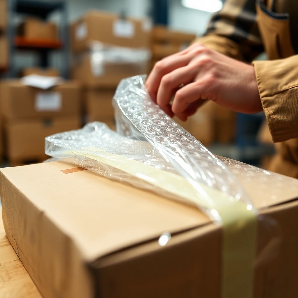 Hands wrapping a parcel in protective bubble wrap